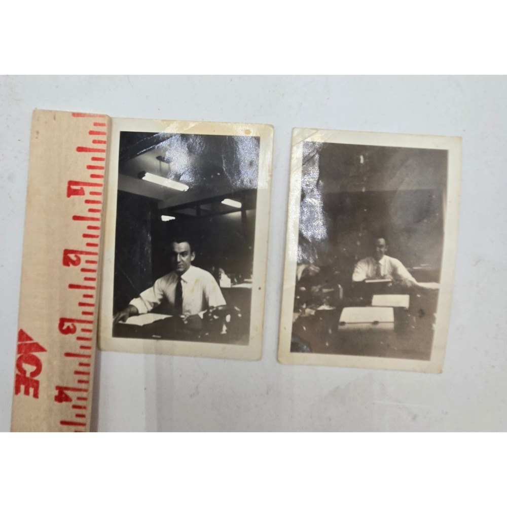 Vintage B&W Office Desk Photos Man in Tie Professional Snapshots Set 2